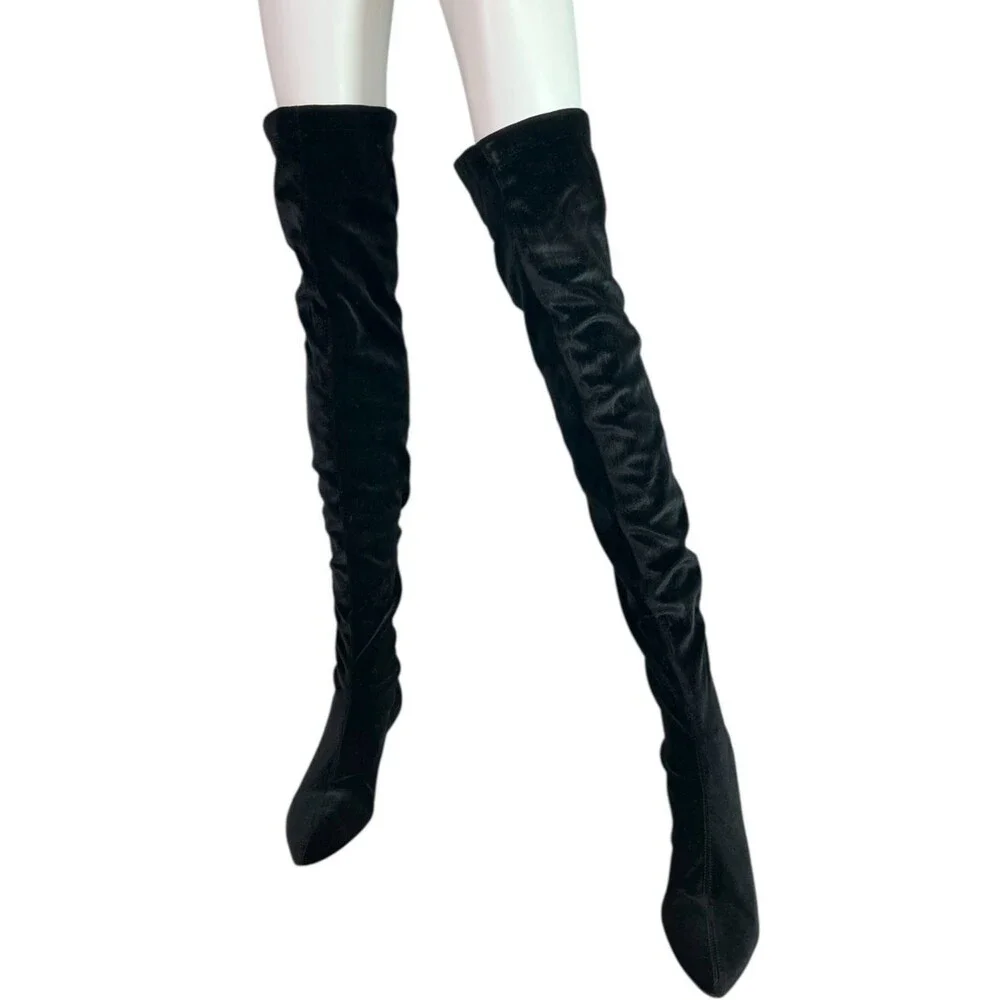 Gia Couture Boom Black Velvet Over The Knee OTK Boots Red Kitten Heels EU 38, 8